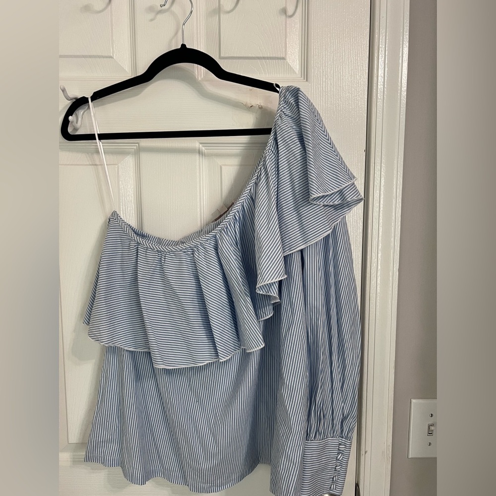 LOFT Blue and White Striped Blouse, Size L